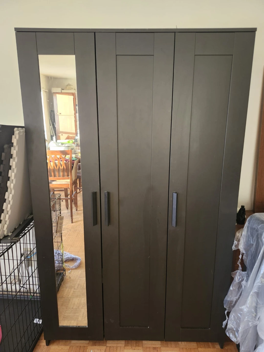 Black 3-Door Wardrobe with Mirror