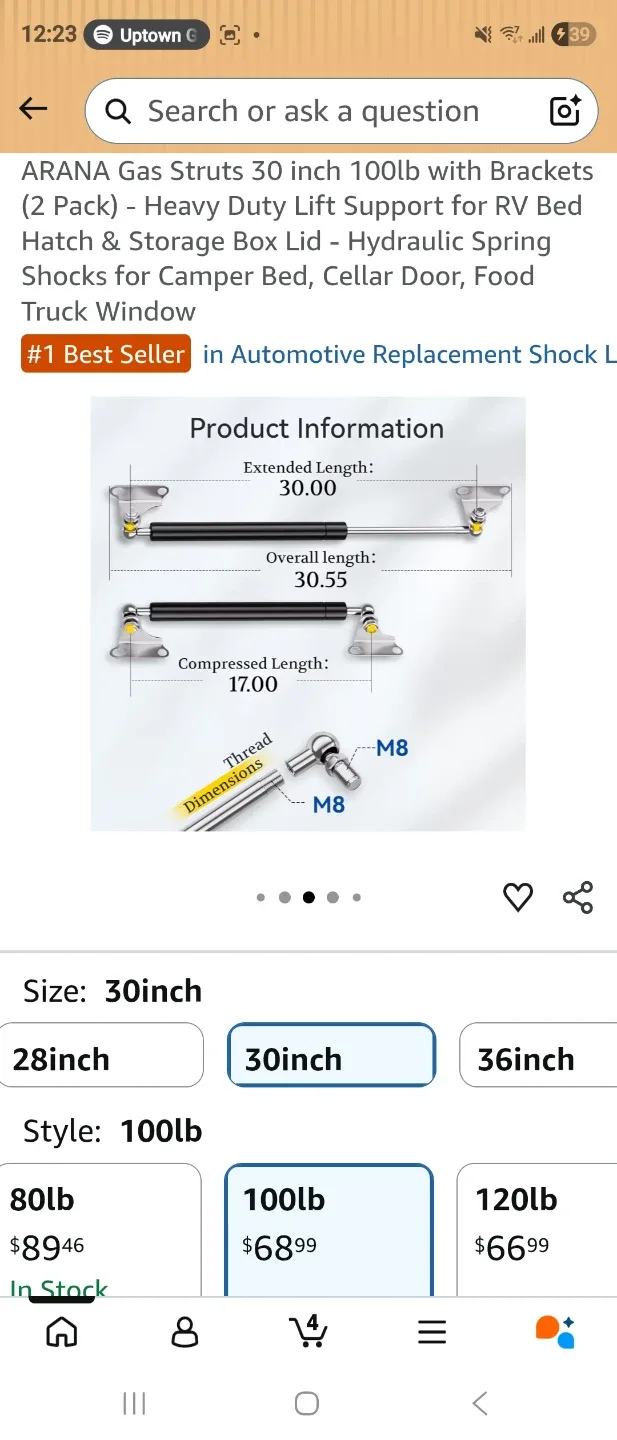 ARANA 30 inch 100lb Gas Struts with Brackets (2 Pack) - photo 3