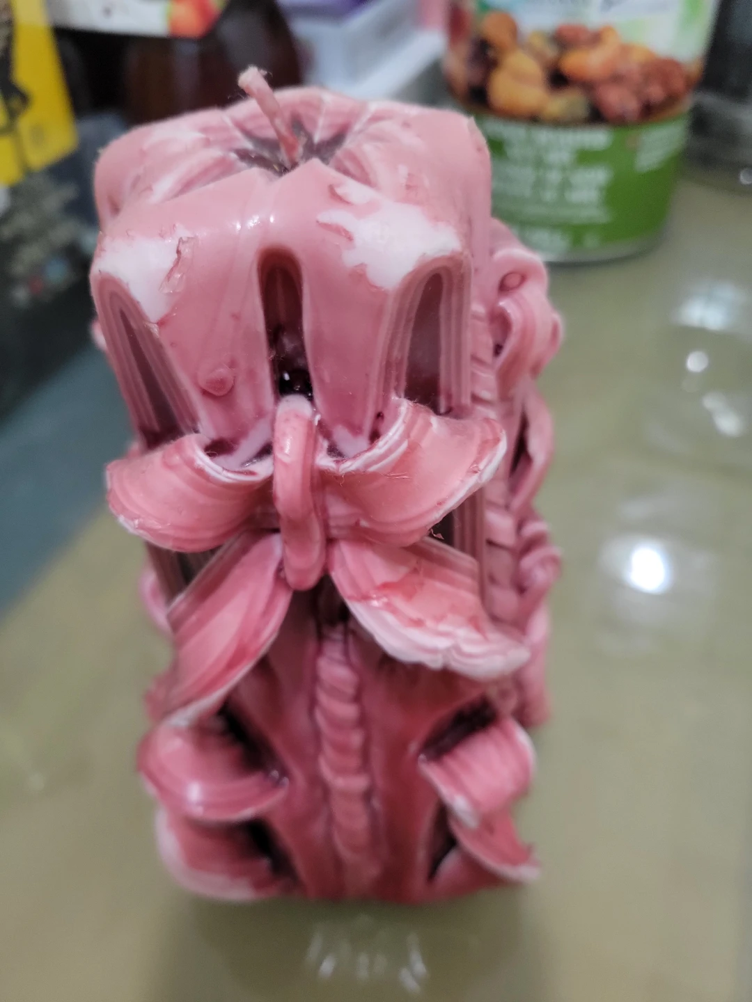Carved Candle - Pink Floral Design