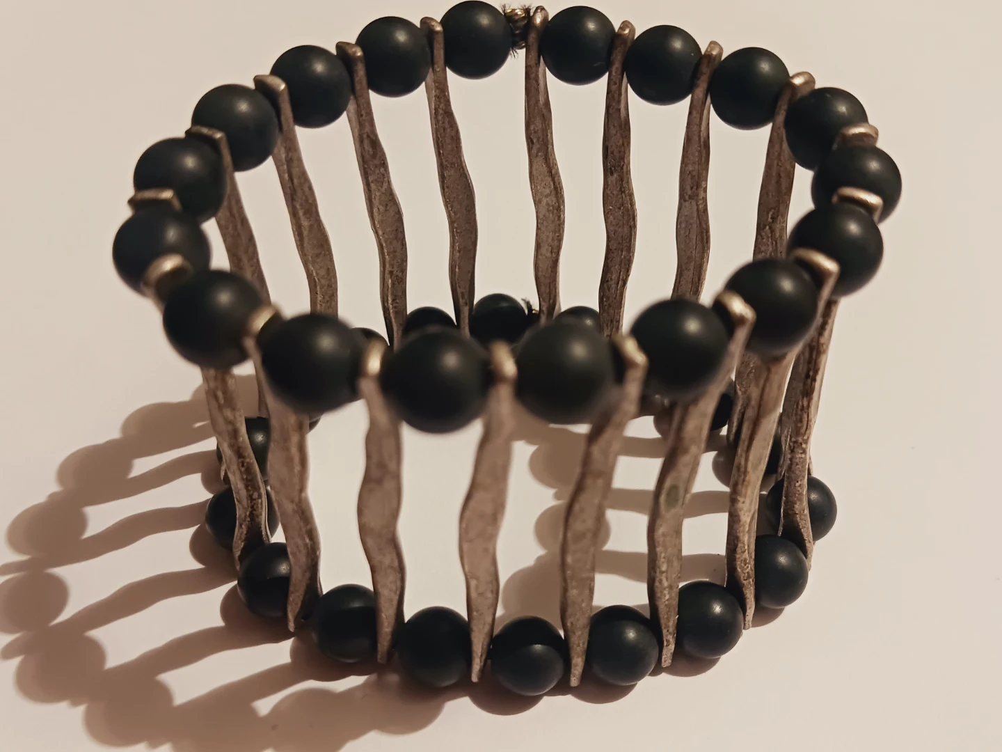 Black Beaded & Silver Tone Unique Cuff Bracelet - photo 2