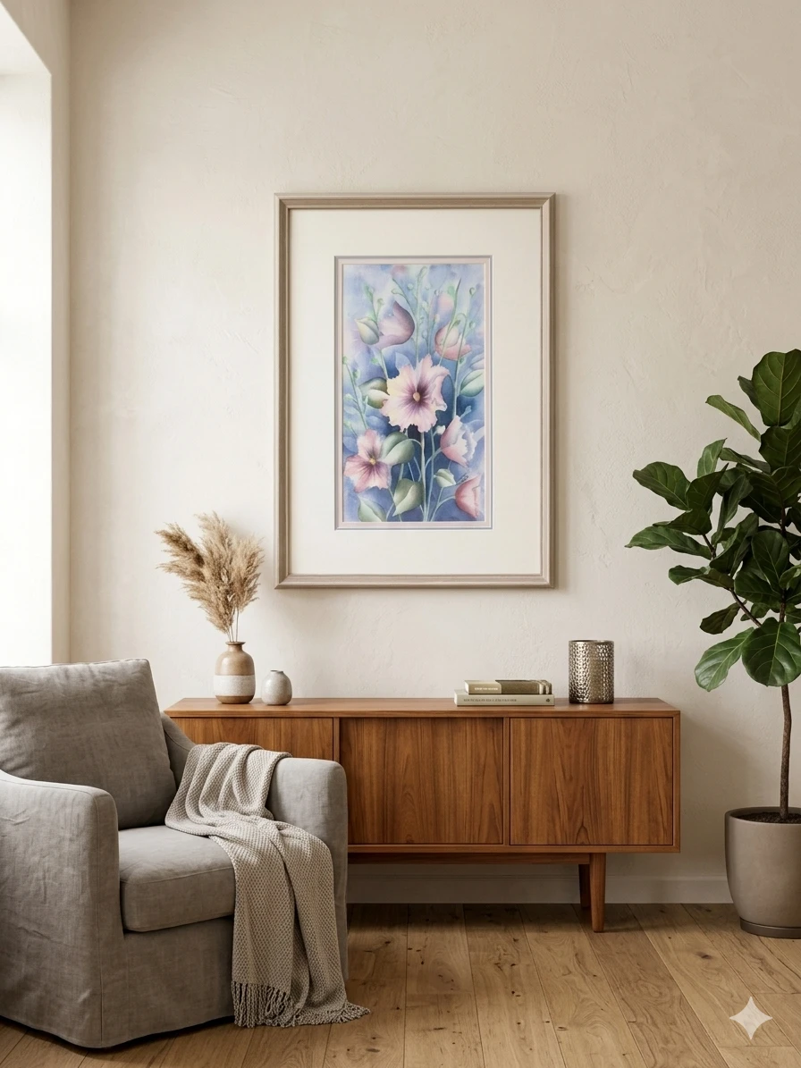 Framed Watercolour Painting of Pink Hollyhocks by Louise Jackson - photo 2