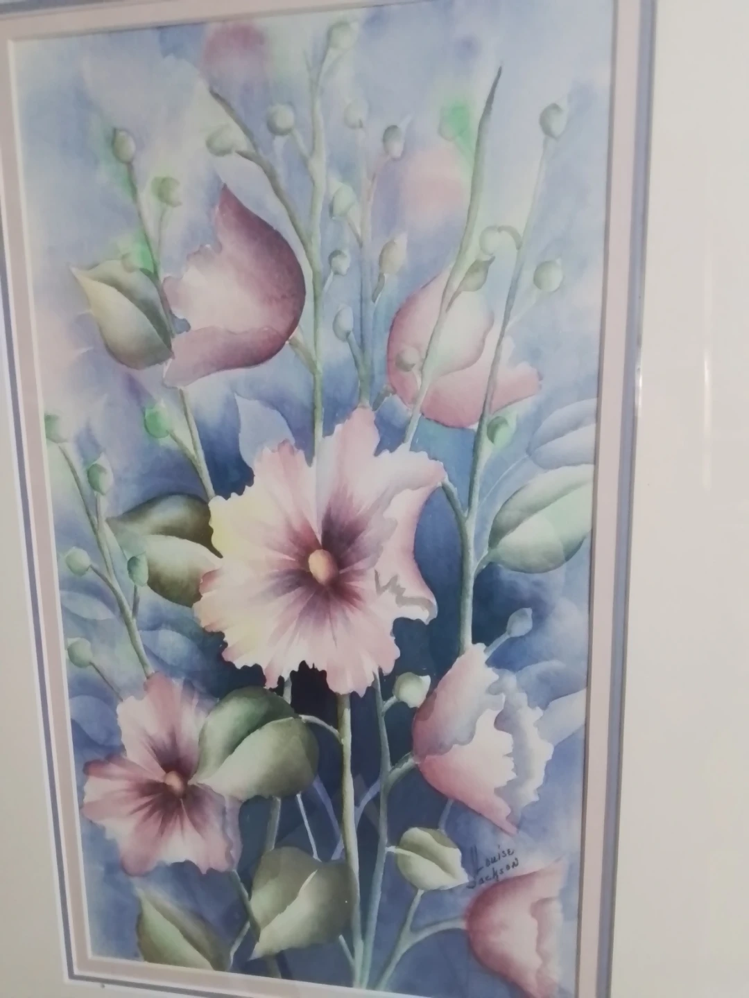 Framed Watercolour Painting of Pink Hollyhocks by Louise Jackson - photo 3