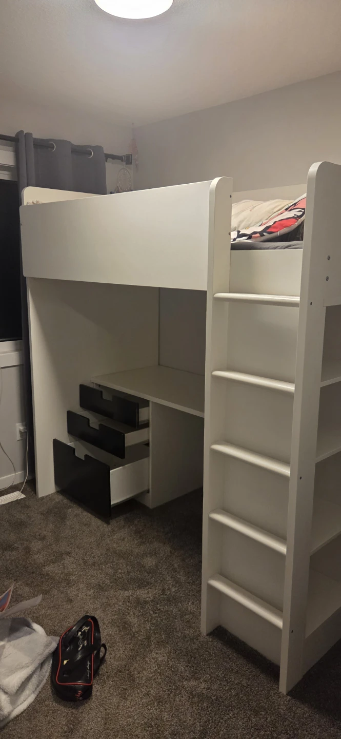 White Loft Bed with Desk and Shelving
