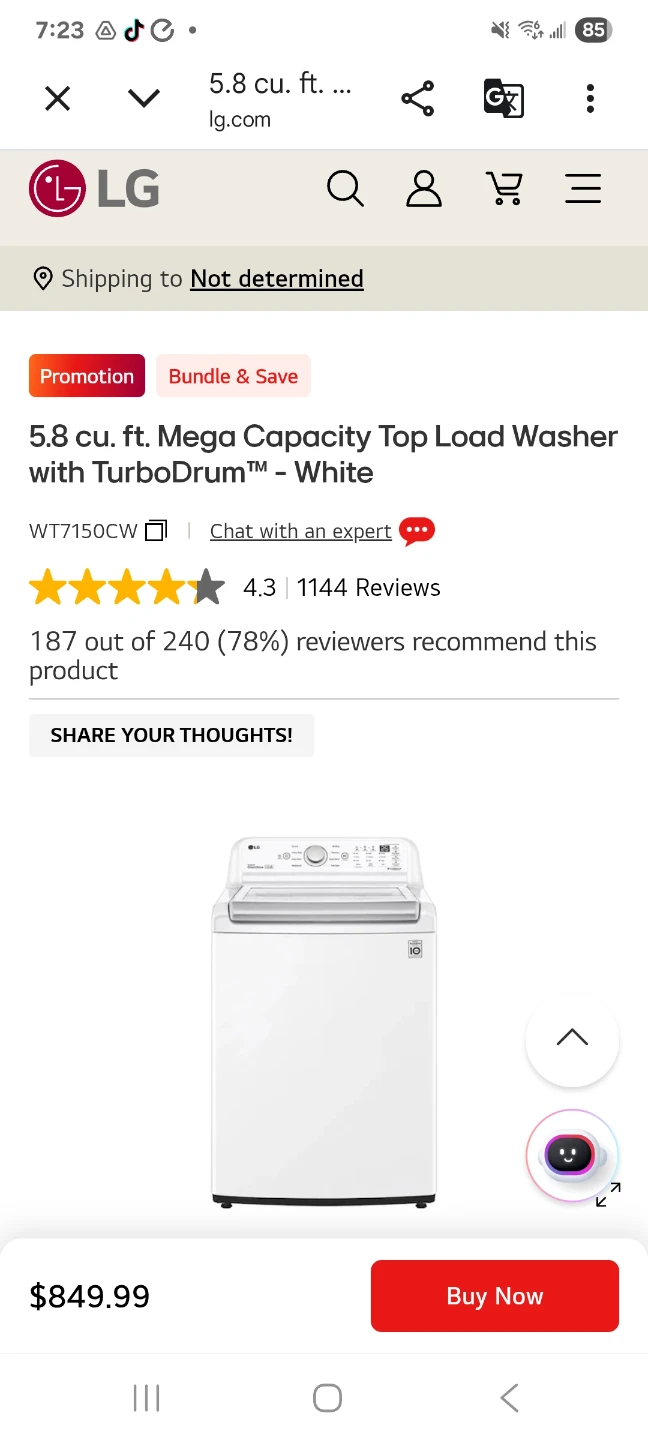 NEW LG 5.8 cu. ft. Mega Capacity Top Load Washer