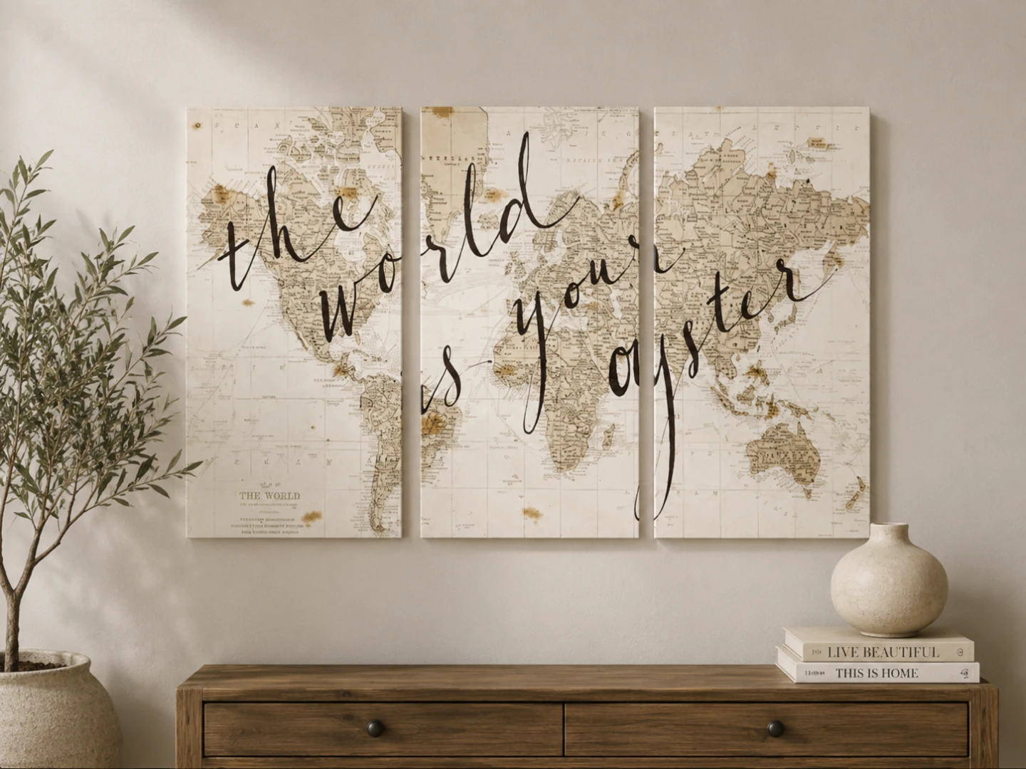 3 Panel World Map Canvas Art 'The World Is Your Oyster'
