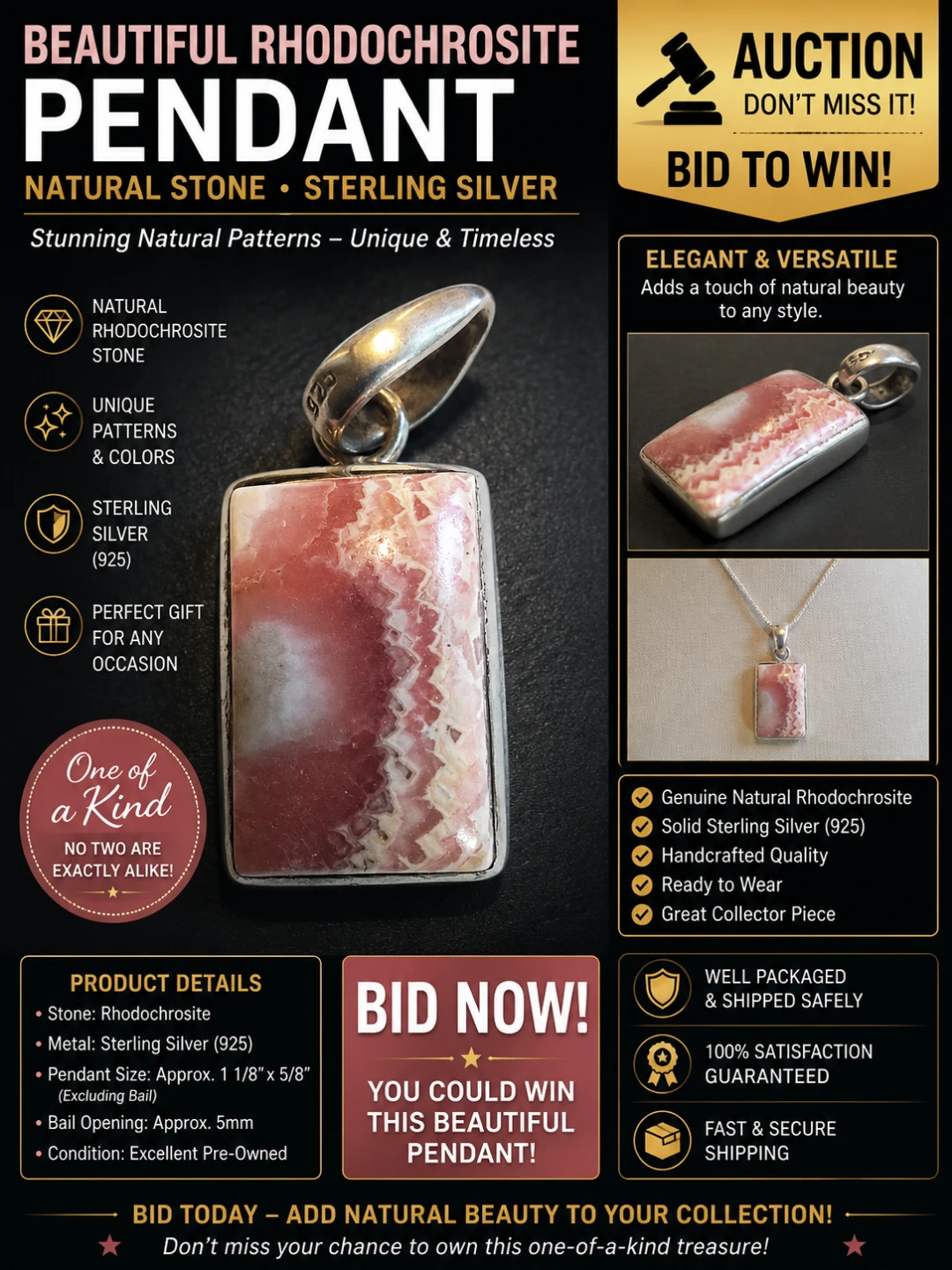 Rhodochrosite & Sterling Silver Pendant - photo 3