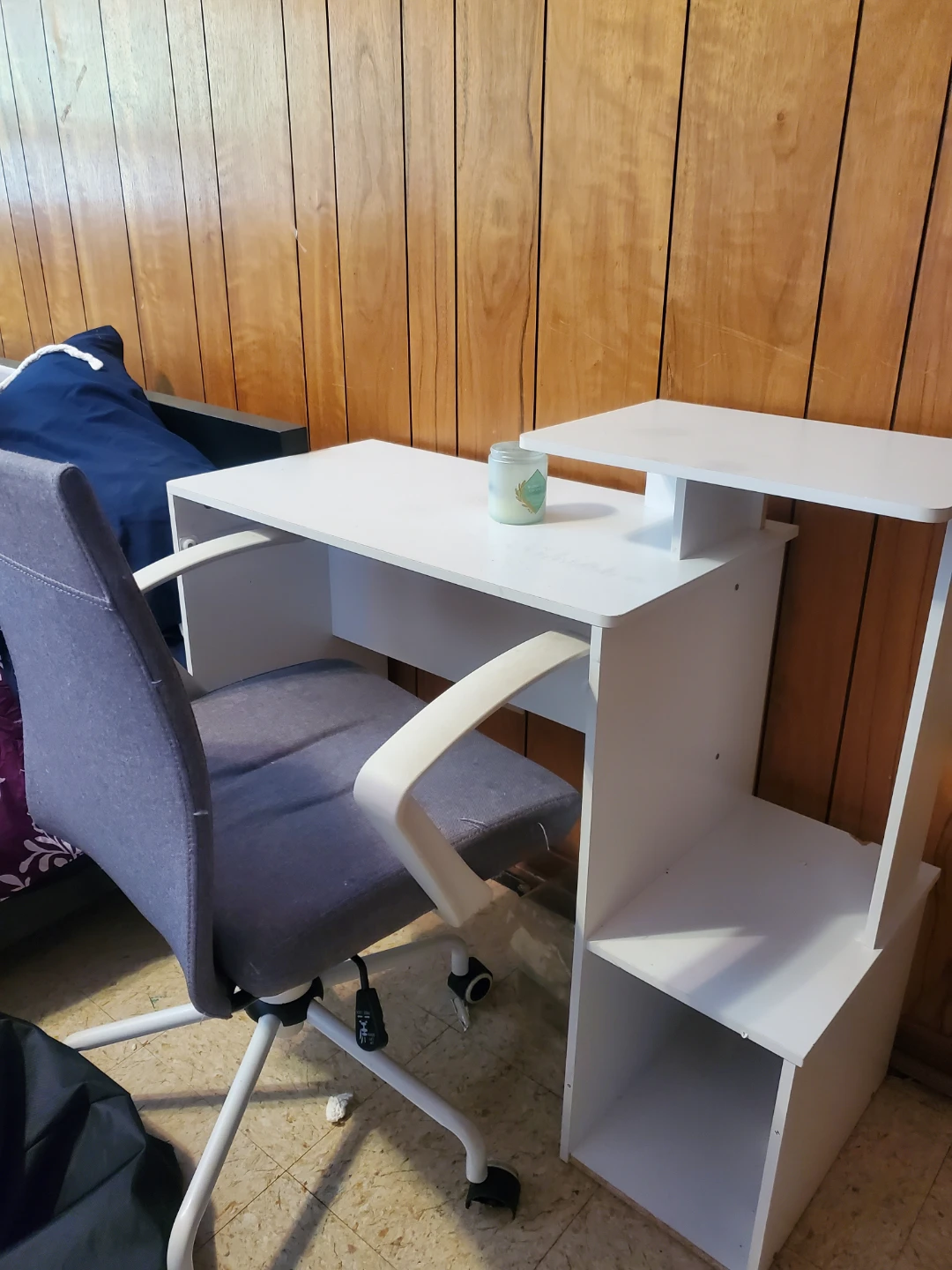 White Compact Desk with Shelving and chair