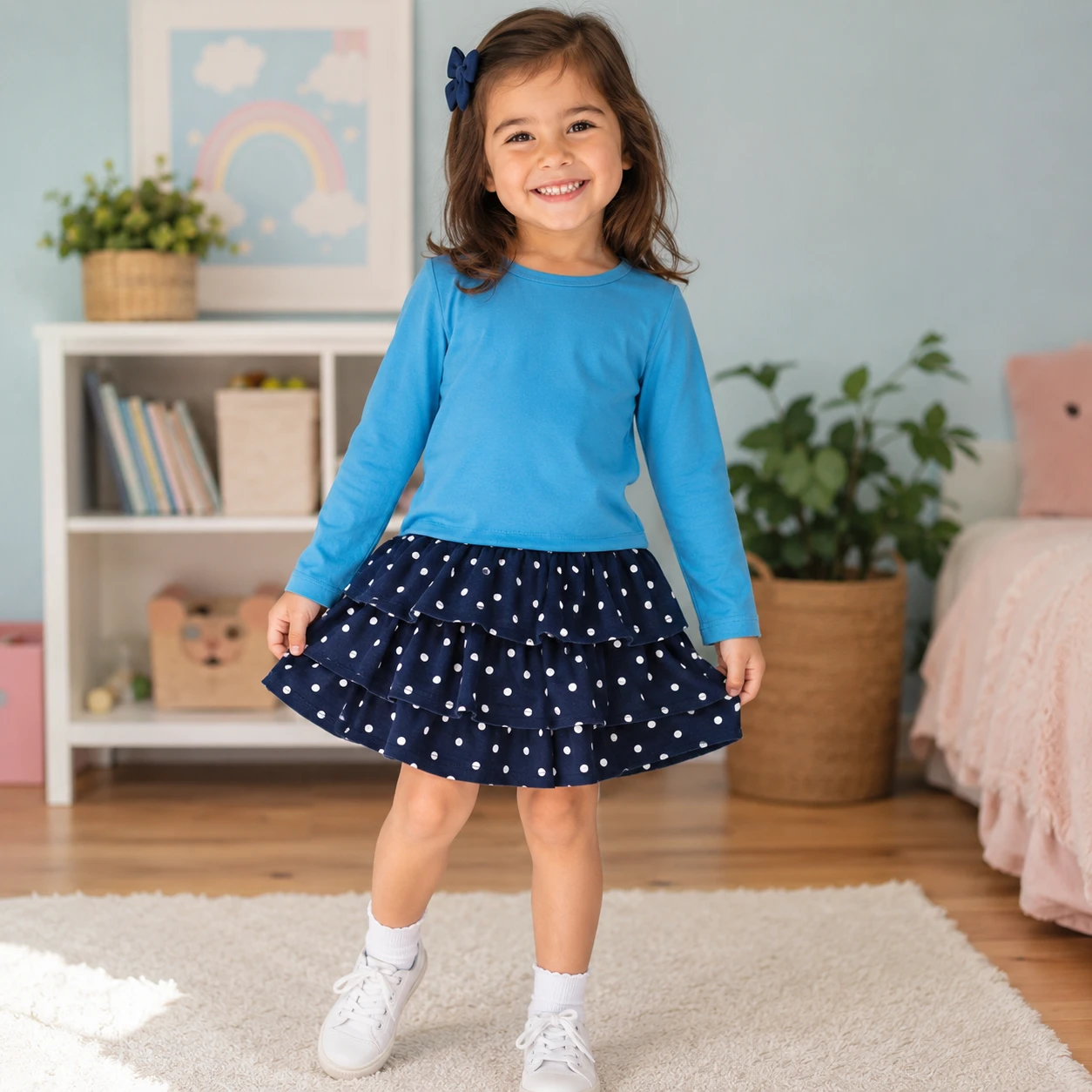 Hanna Andersson Blue Long Sleeve Dress with Navy Polka Dot Skirt