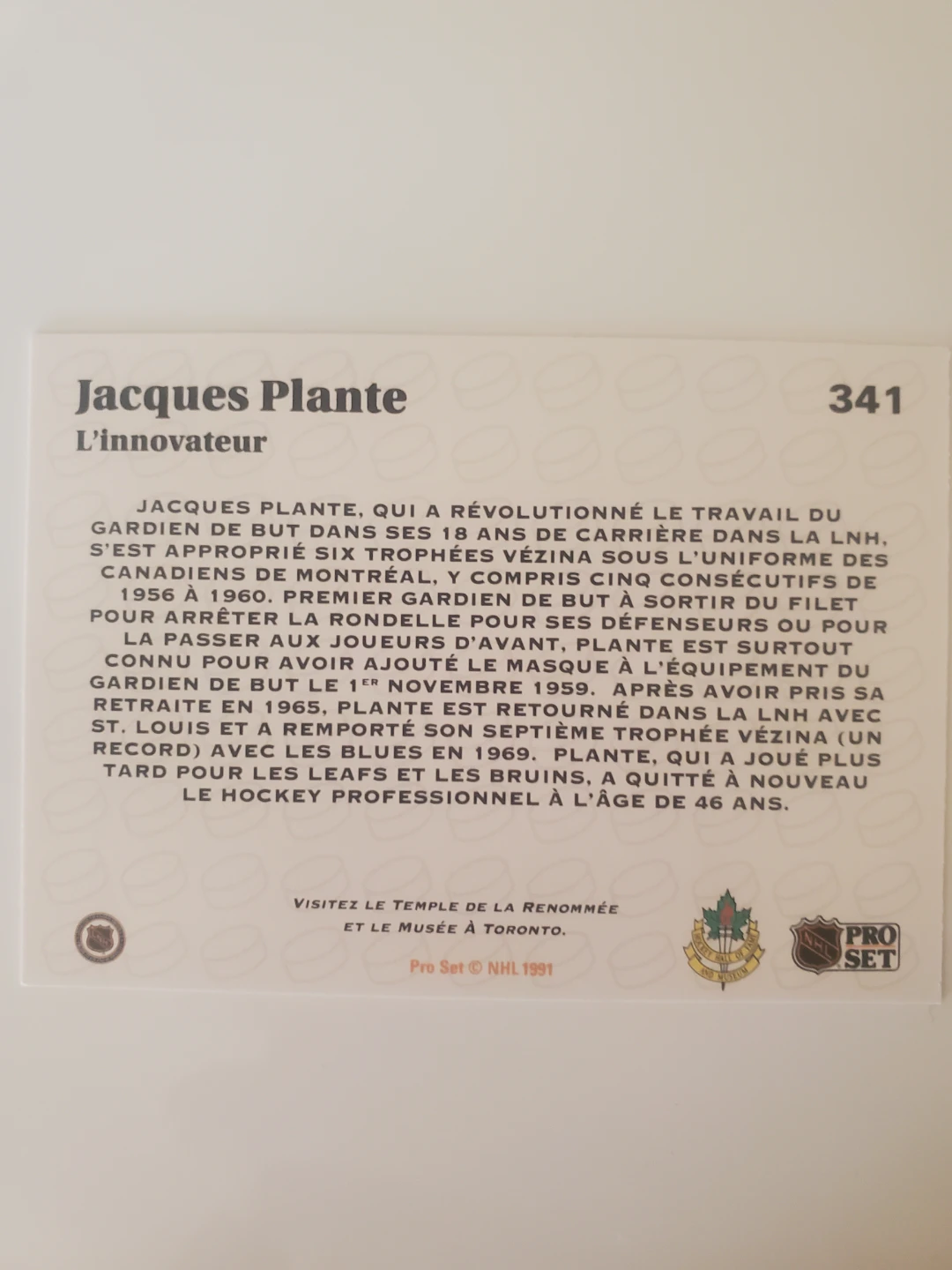 Pro Set Jacques Plante Hockey Card - photo 2