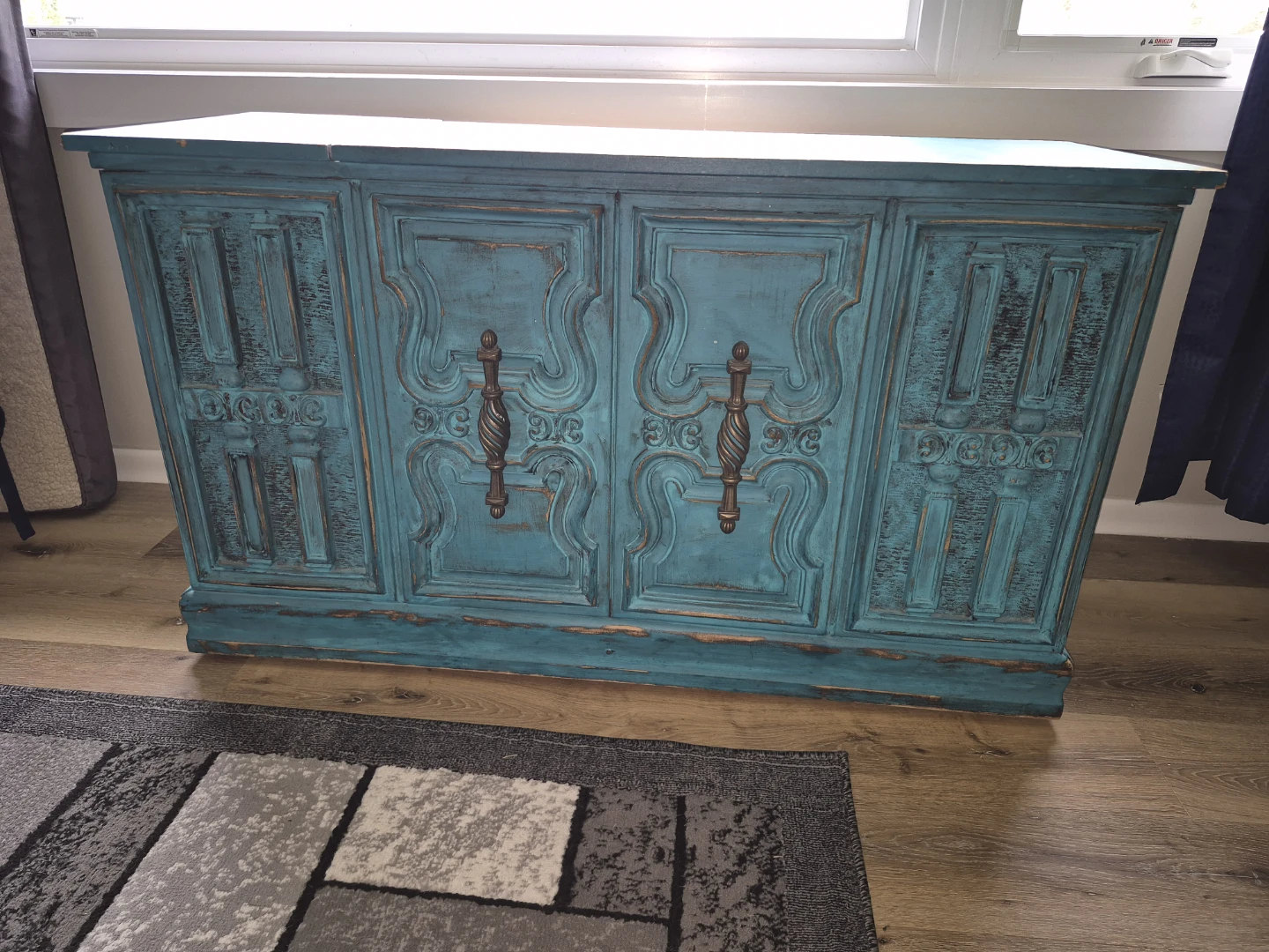 Vintage Teal Sideboard with Carved Doors