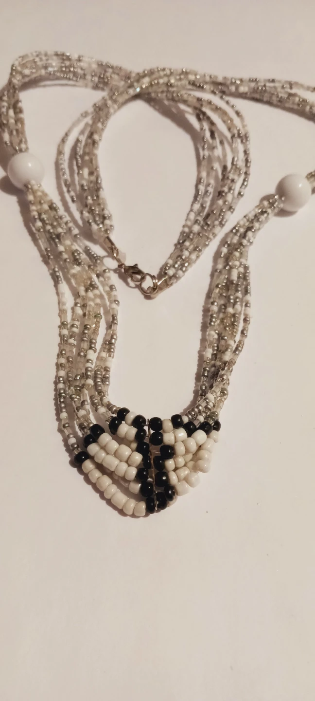 Multi-strand long beaded necklace - Black, White & Silver - photo 4