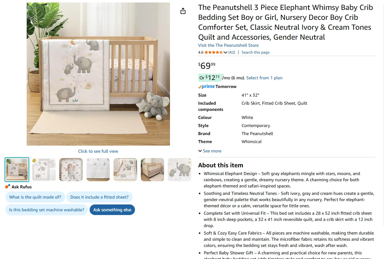 The PeanutShell 3 Piece Baby Crib Bedding Set - Elephant Whimsy - photo 2