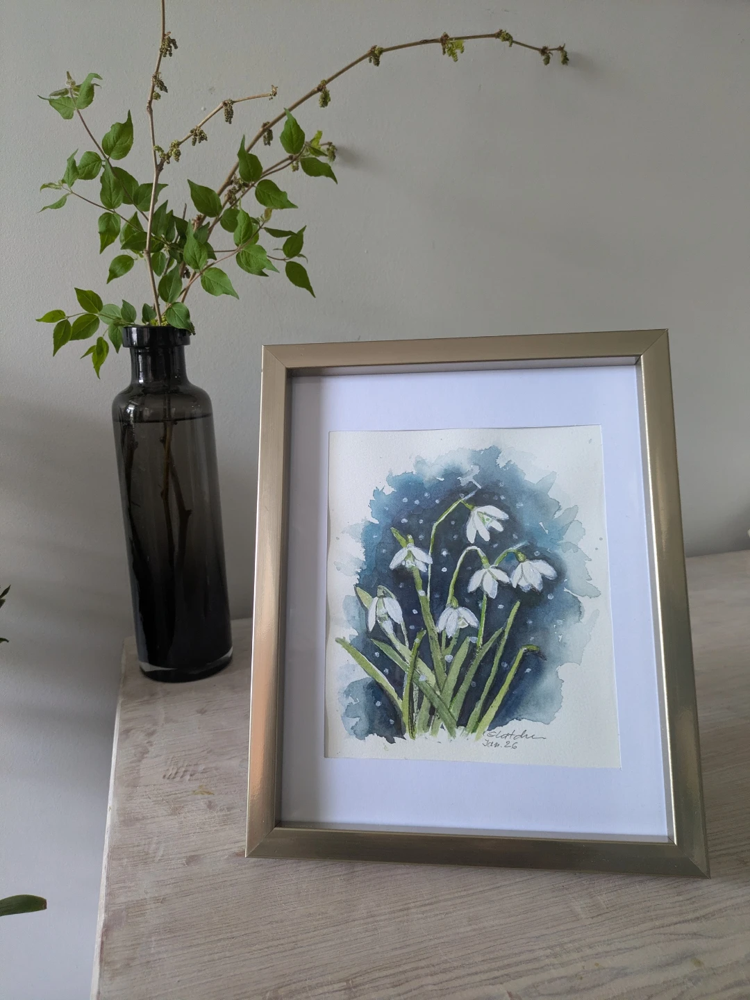 Framed Original Watercolour Painting of Snowdrops