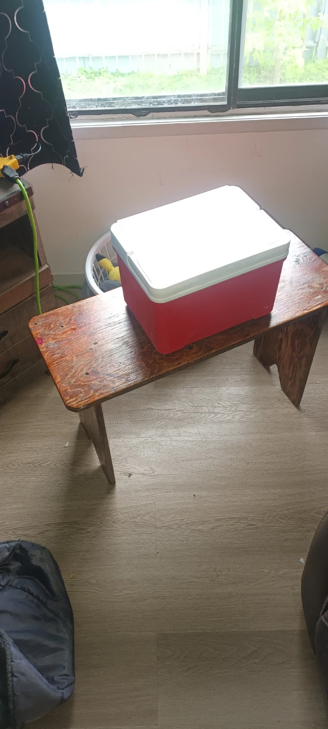 Red and White Cooler with carpenters bench included