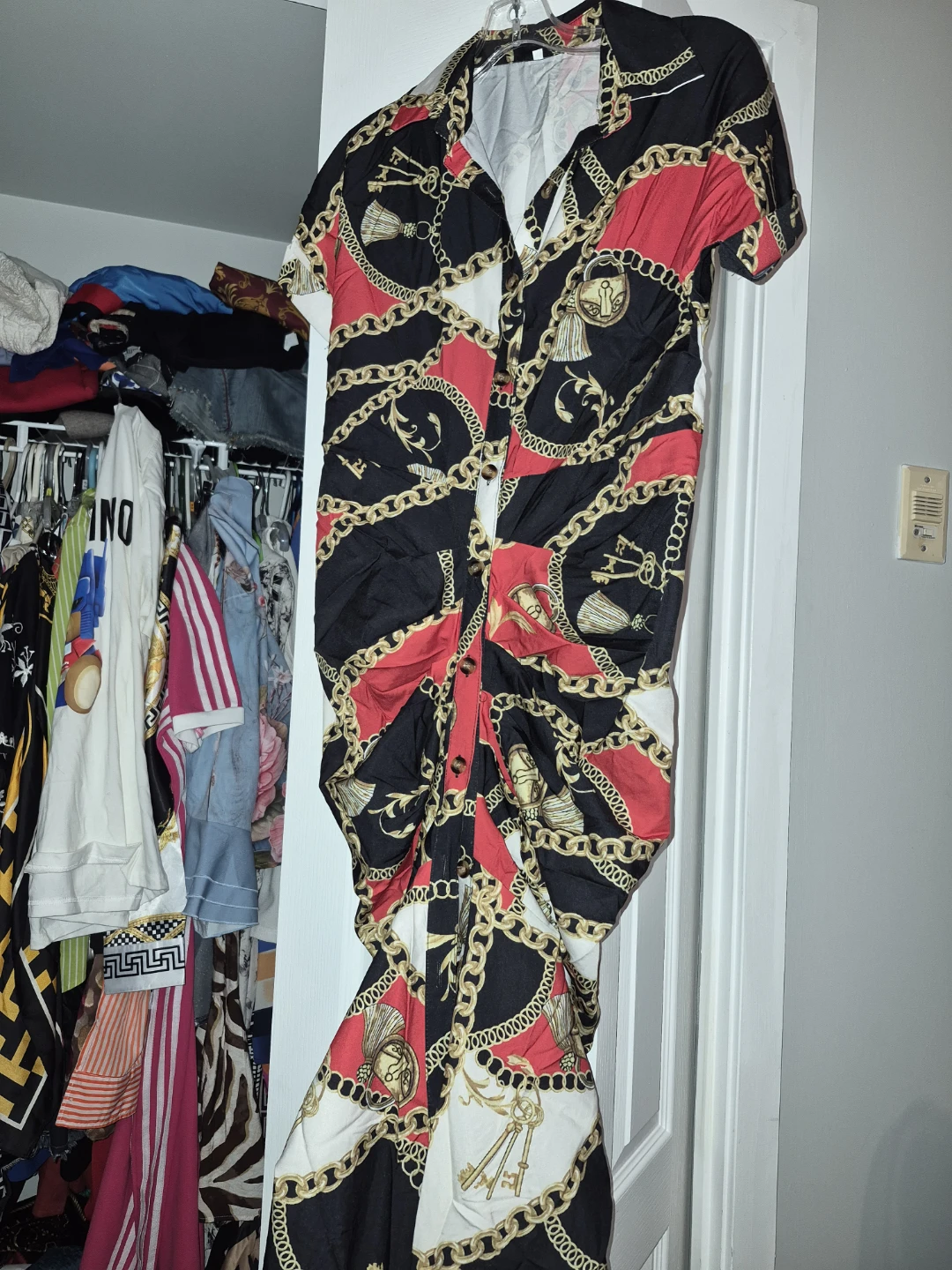 Chain Print Ruched Button-Up Dress