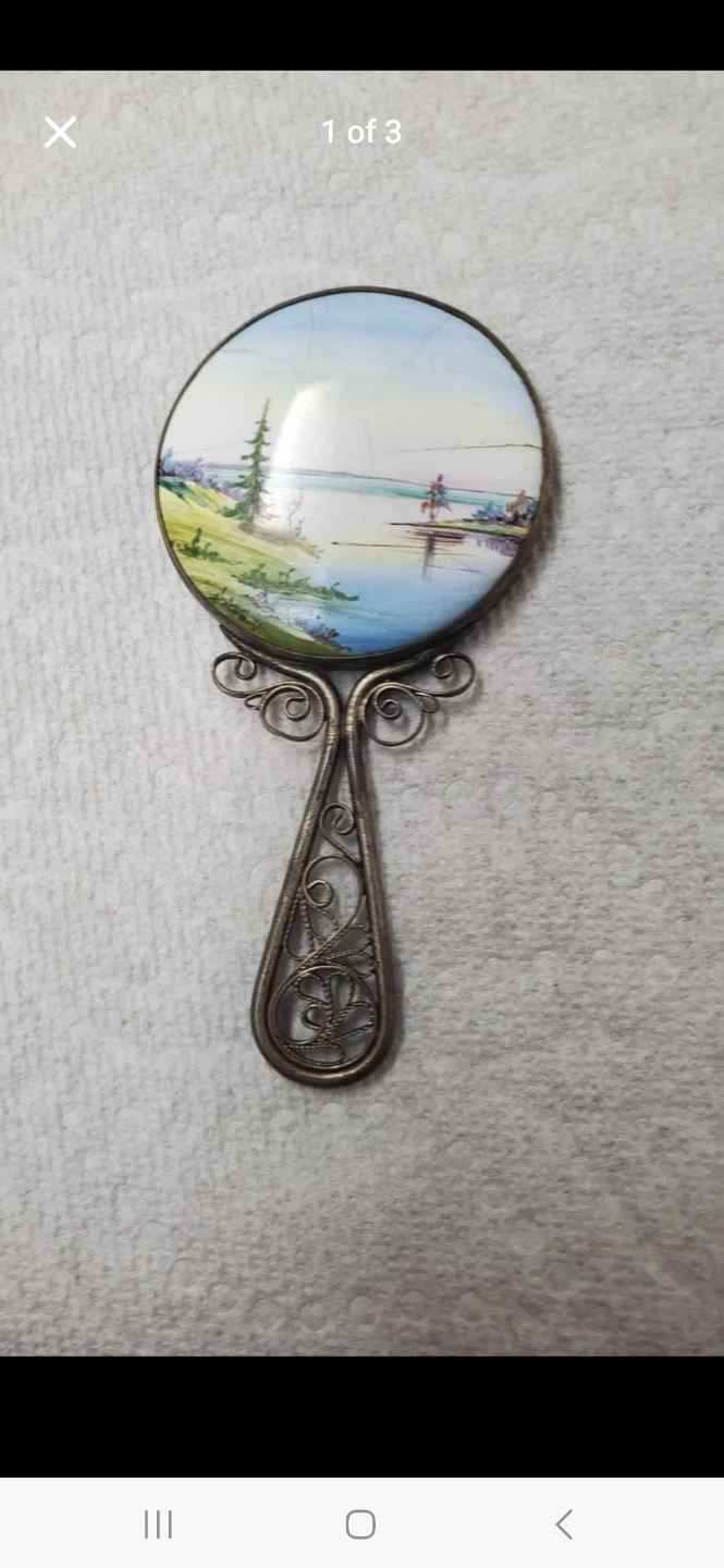 USSR Antique Vintage Hand Mirror with Scenic Painting