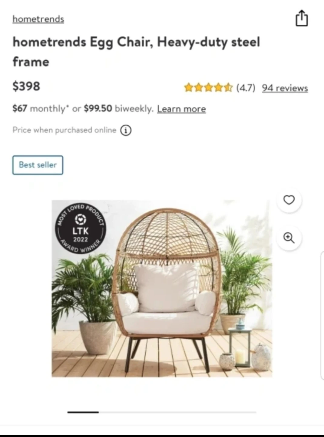 Hometrends Egg Chair, Heavy-duty steel frame