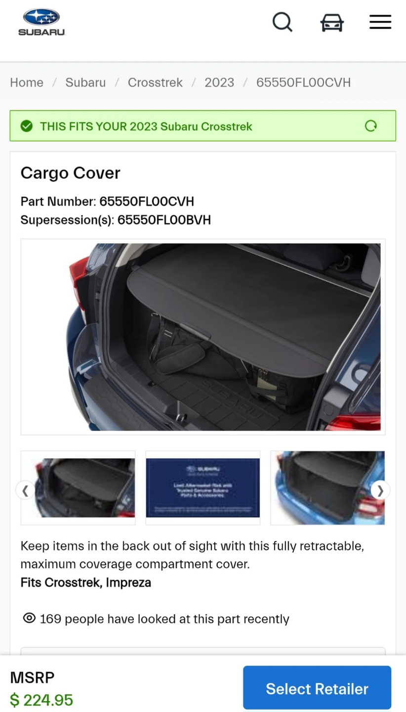 Subaru Cargo Cover 65550FL00CVH for 2023 Crosstrek