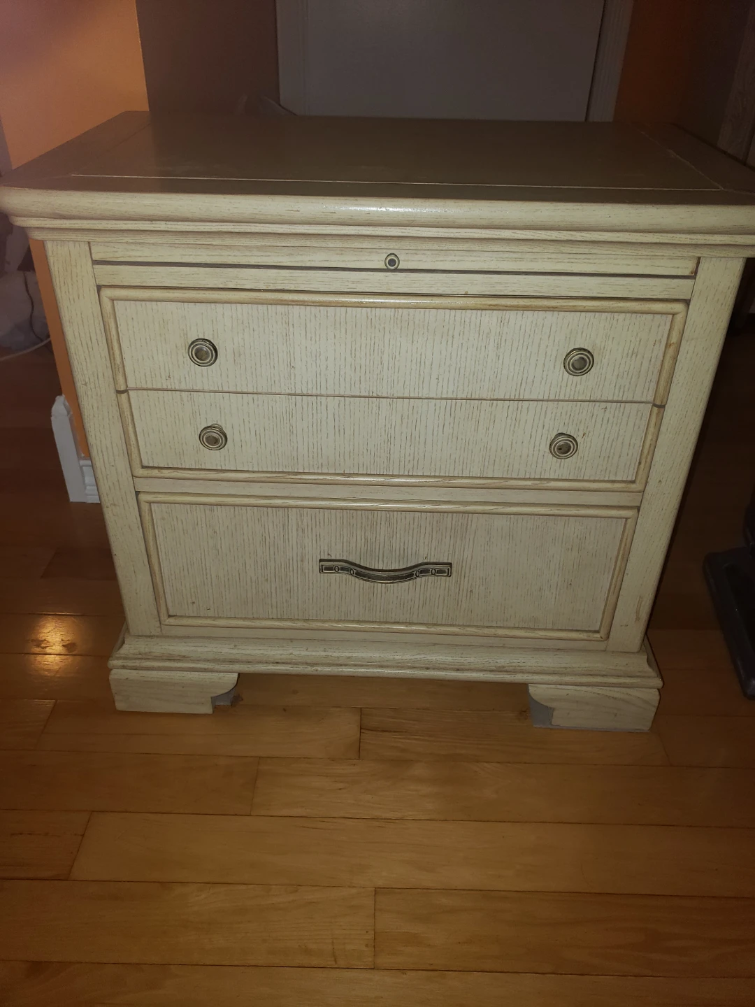 Cream Wood Nightstand with 2 Drawers and 1 Cabinet