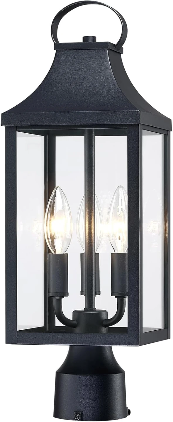 Black Outdoor Pier Mount Post Light Fixture with Glass Panels