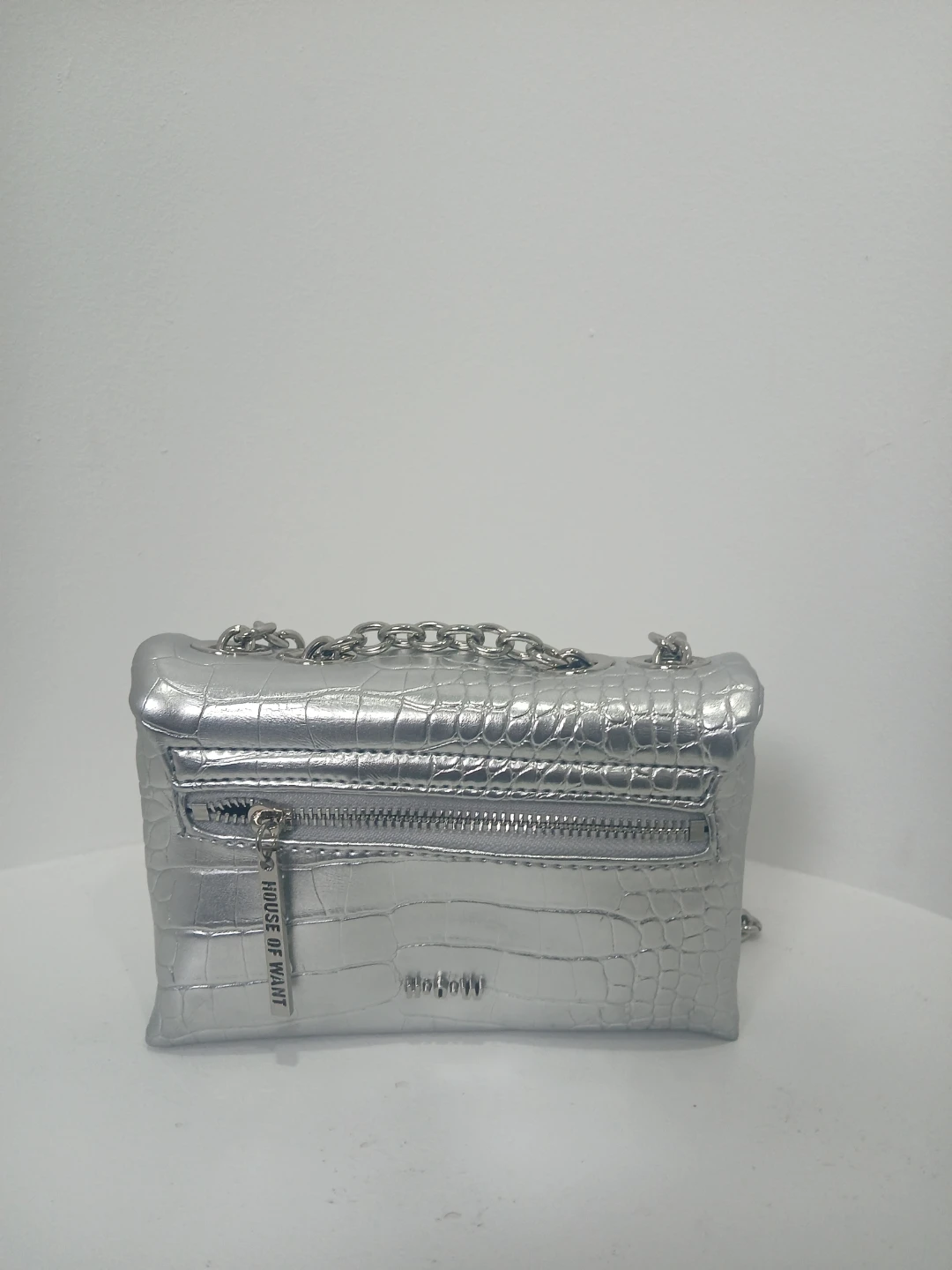 HOUSE OF WANT Silver Croc-Embossed Chain Shoulder Bag