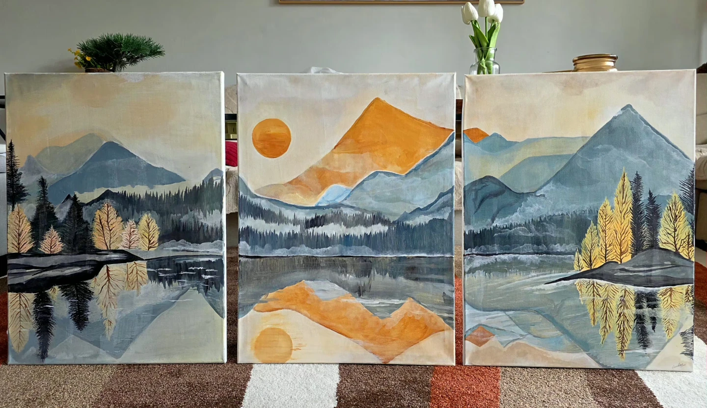 Set of 3 Abstract Mountain Landscape Canvas Paintings