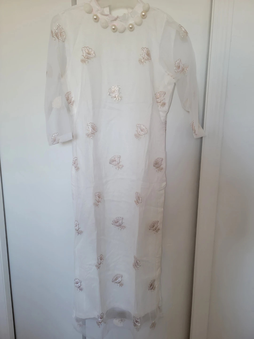 White Embroidered Sheer Tunic with Pearls