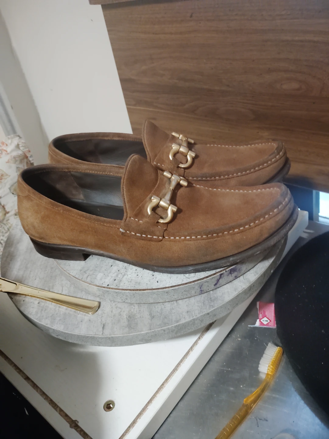 Brown Suede Loafers with Gold Buckle - photo 2