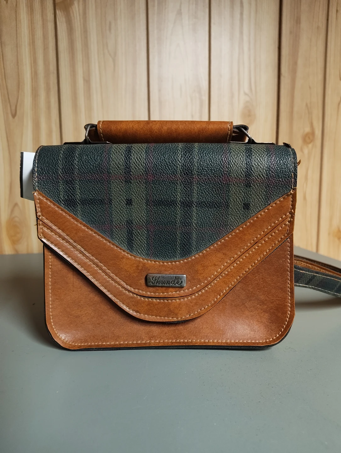 Brown Leather Crossbody Bag with Plaid Strap