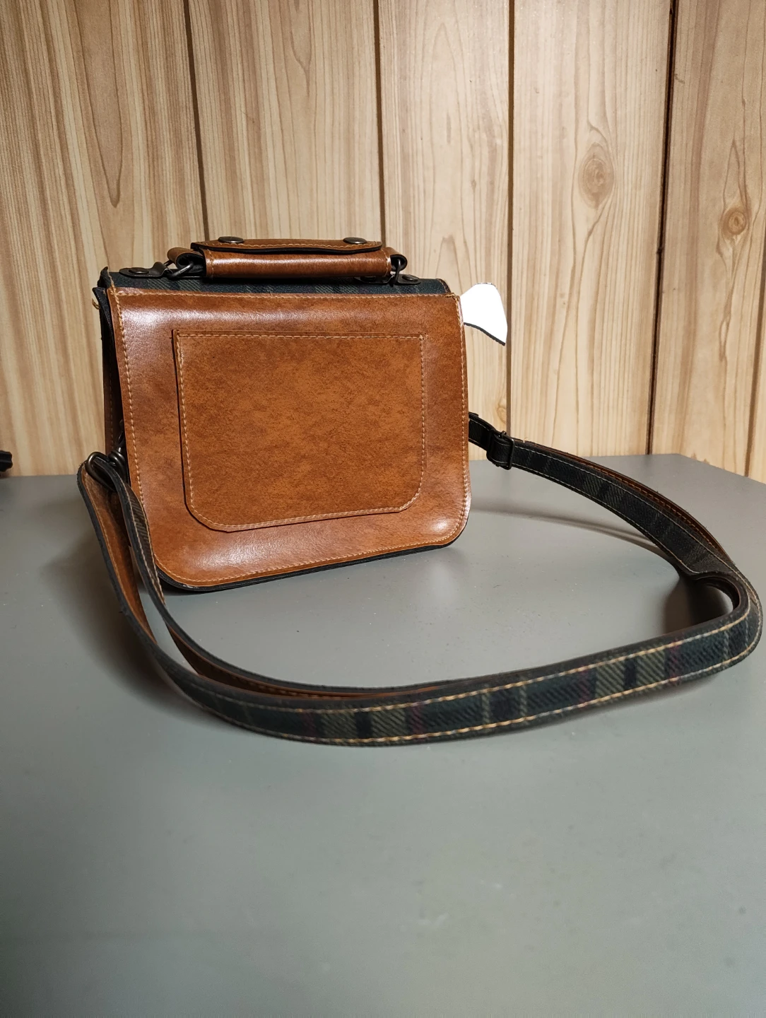 Brown Leather Crossbody Bag with Plaid Strap - photo 2