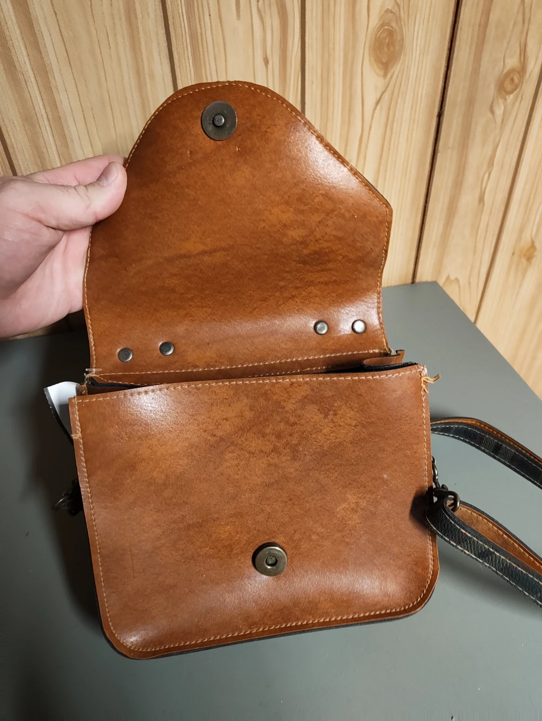 Brown Leather Crossbody Bag with Plaid Strap - photo 3