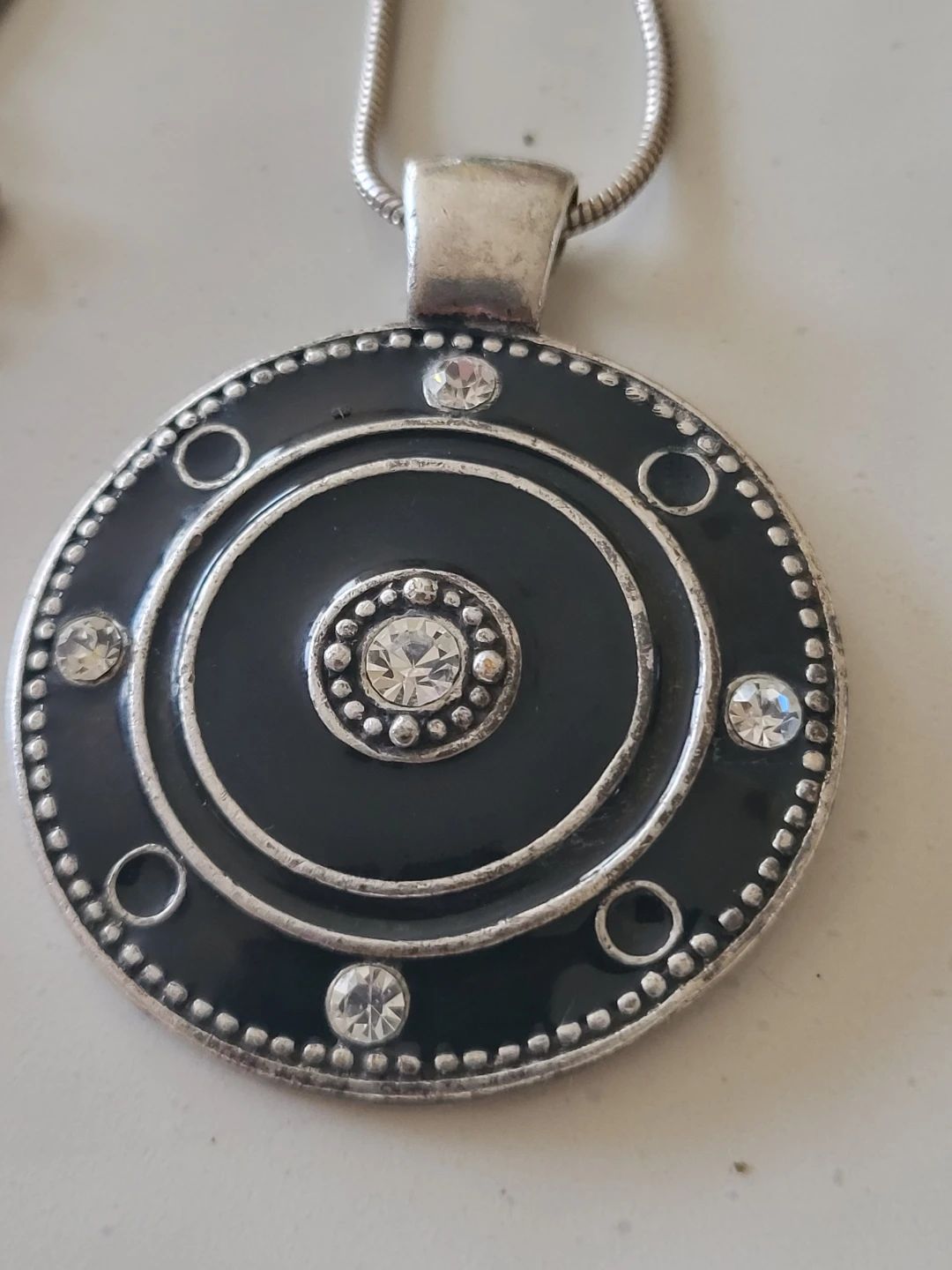 Silver Tone Black Round Pendant Necklace with Crystals