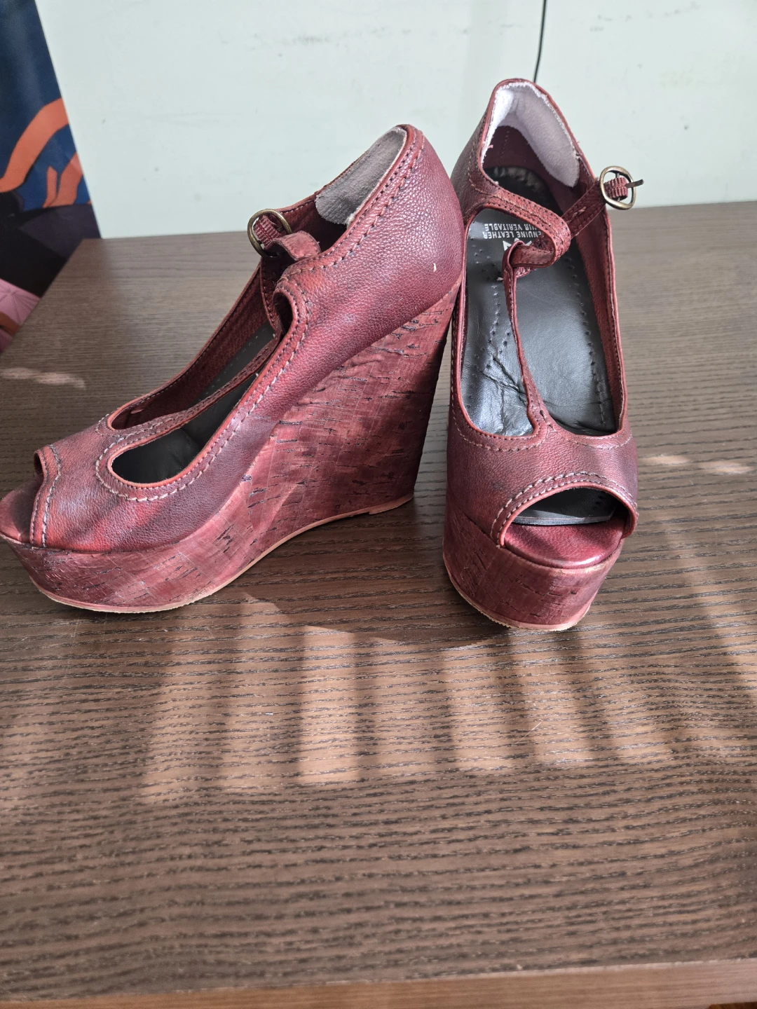 Le Château Red Leather Peep-Toe Wedge Heels - Size 7