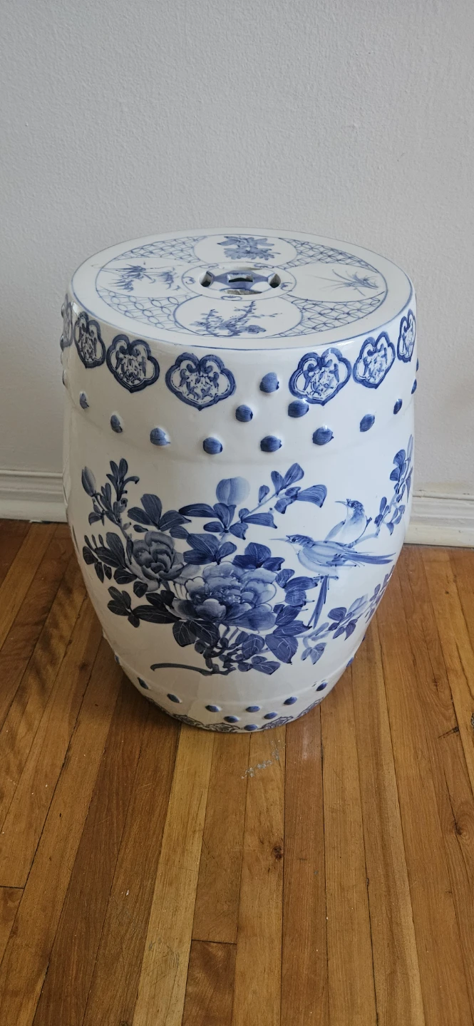 Blue and White Ceramic Garden Stool