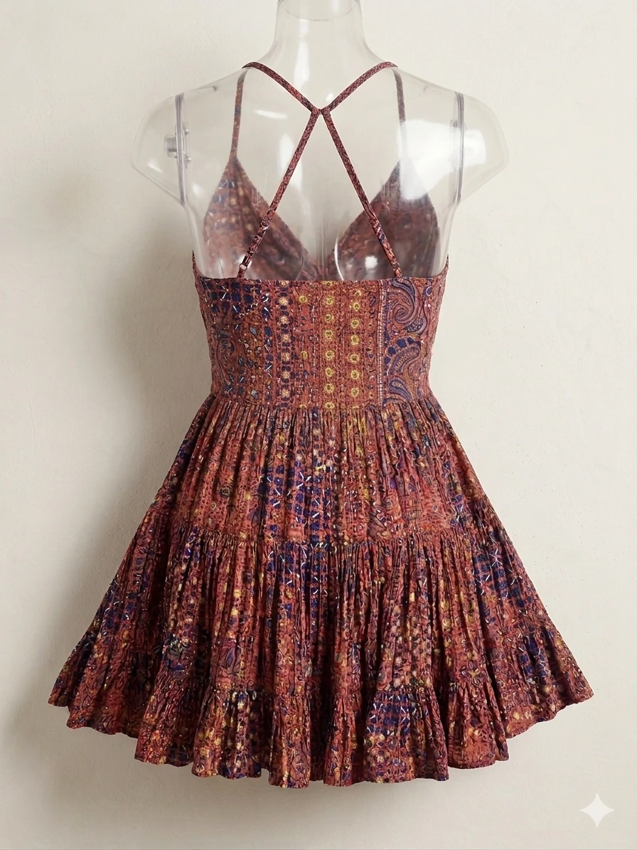 Boho floral mini dress with front Cut-Out – Like New!