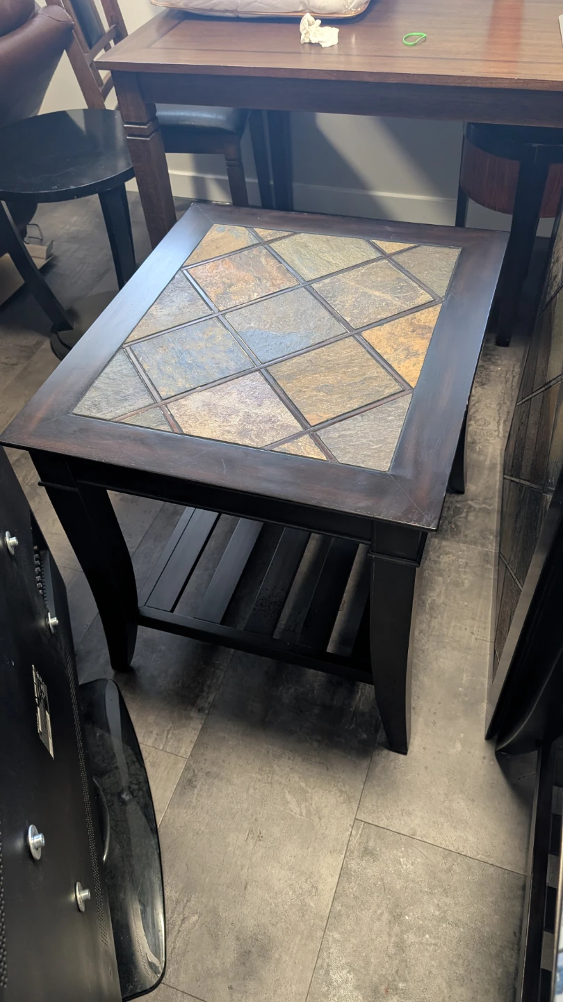 Set of 3 Dark Wood Side Tables with Tile Inlay - photo 3