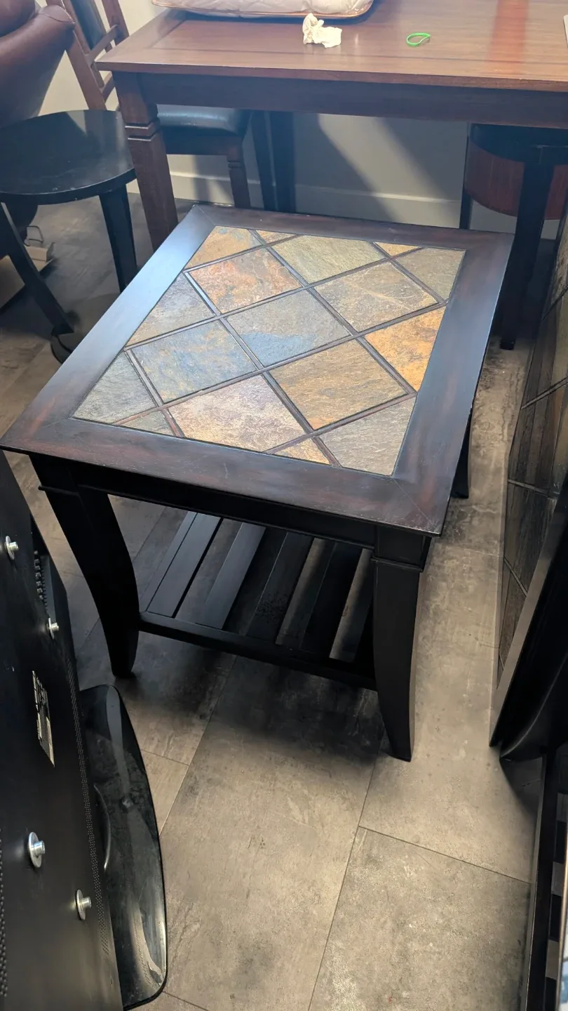 Set of 3 Dark Wood Side Tables with Tile Inlay - photo 3