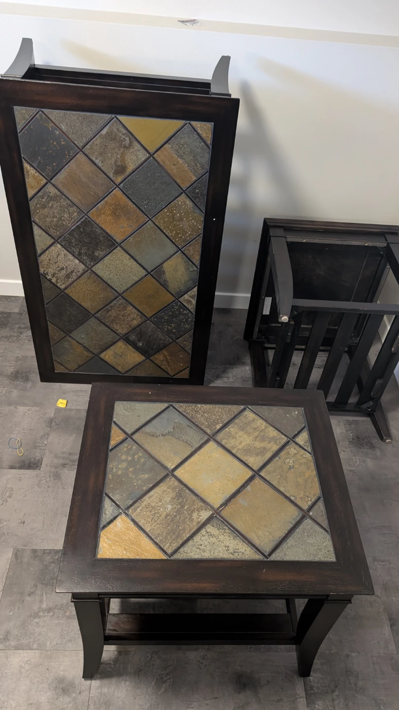 Set of 3 Dark Wood Side Tables with Tile Inlay - photo 5