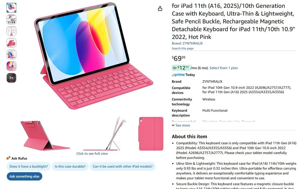 Hot Pink Keyboard Case for iPad 11th Gen (A16) - photo 2