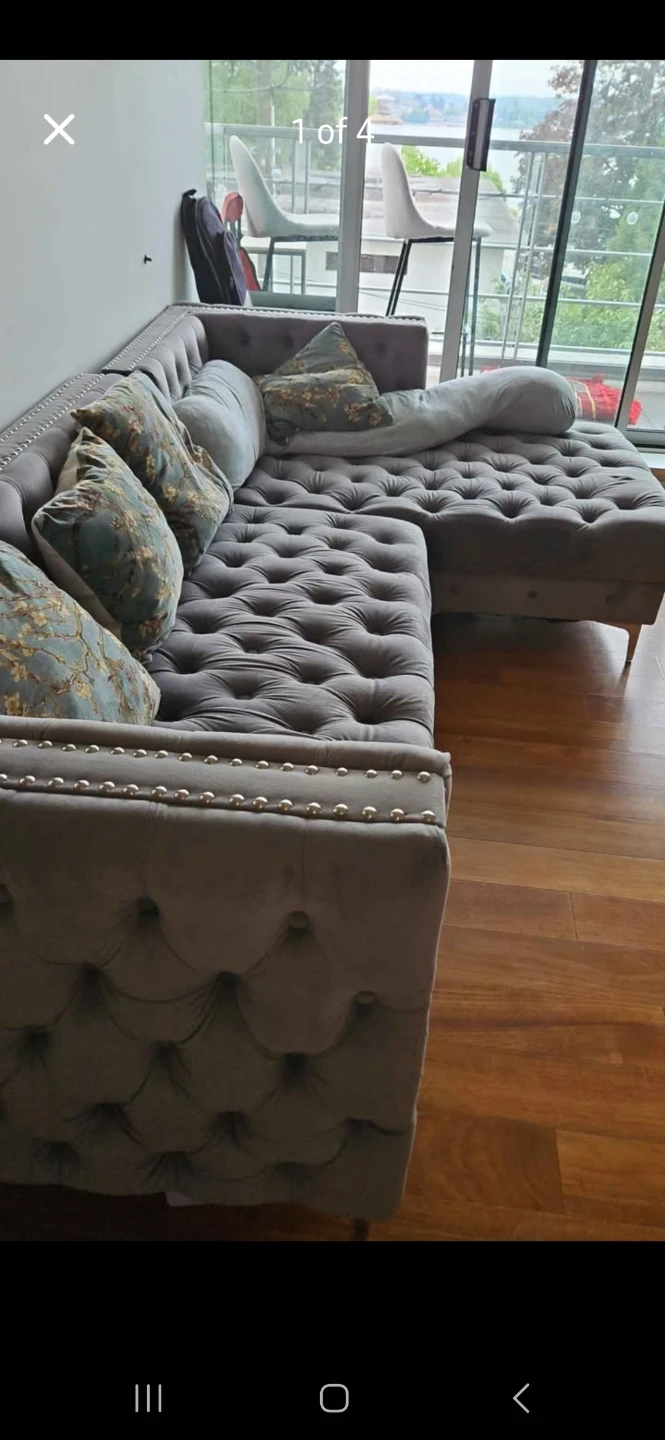 Grey Velvet Tufted Sectional Sofa with Stud Detail