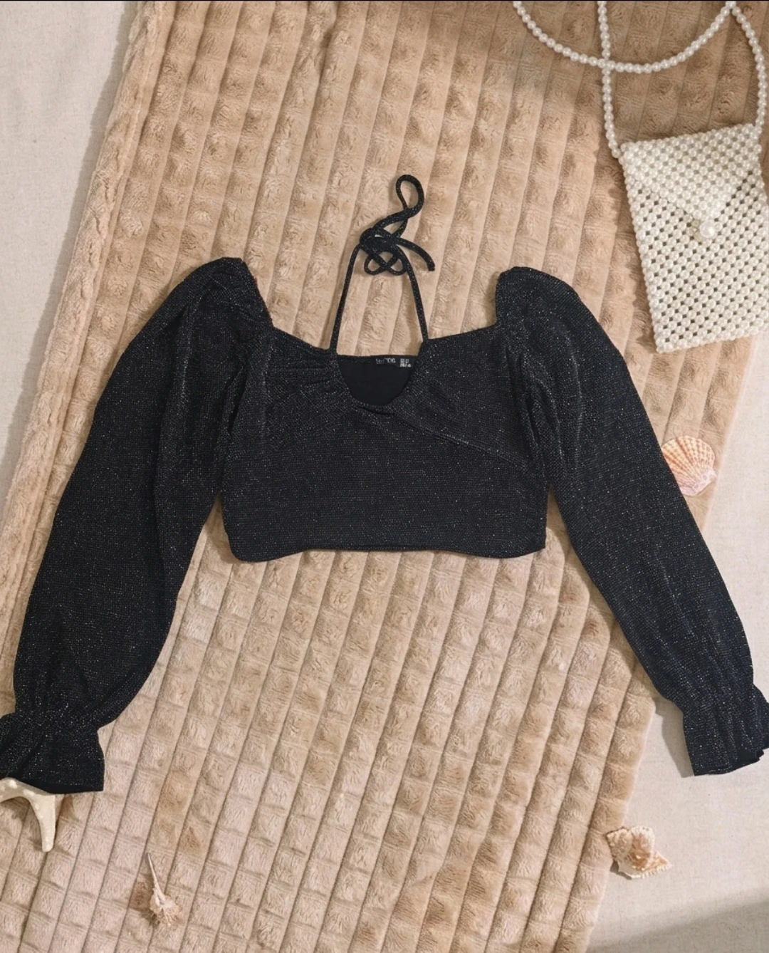 Black Glitter Off-the-Shoulder Crop Top with Puff Sleeves