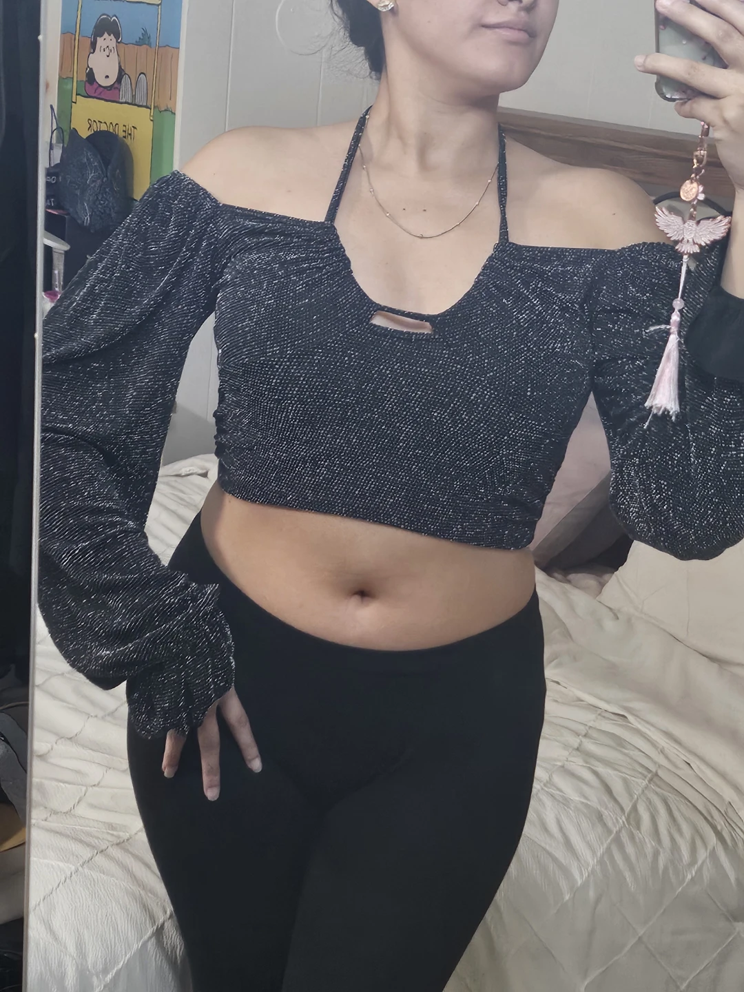 Black Glitter Off-the-Shoulder Crop Top with Puff Sleeves - photo 2