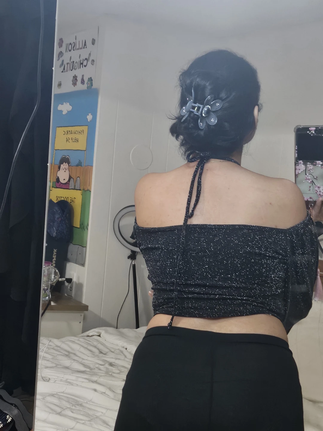 Black Glitter Off-the-Shoulder Crop Top with Puff Sleeves - photo 3
