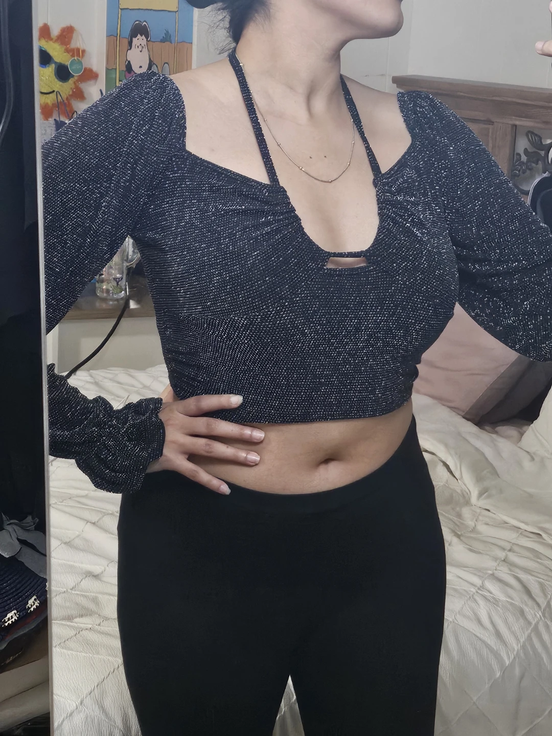 Black Glitter Off-the-Shoulder Crop Top with Puff Sleeves - photo 5