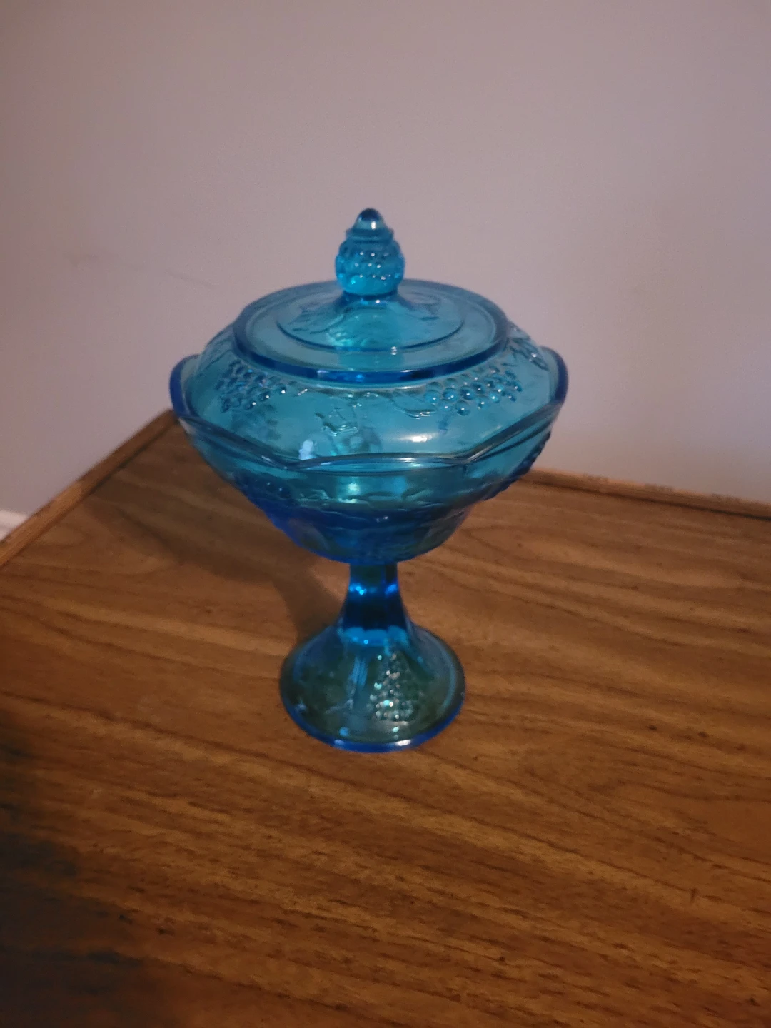 Indiana Glass Capri Blue Colony Harvest Grape compote dish.