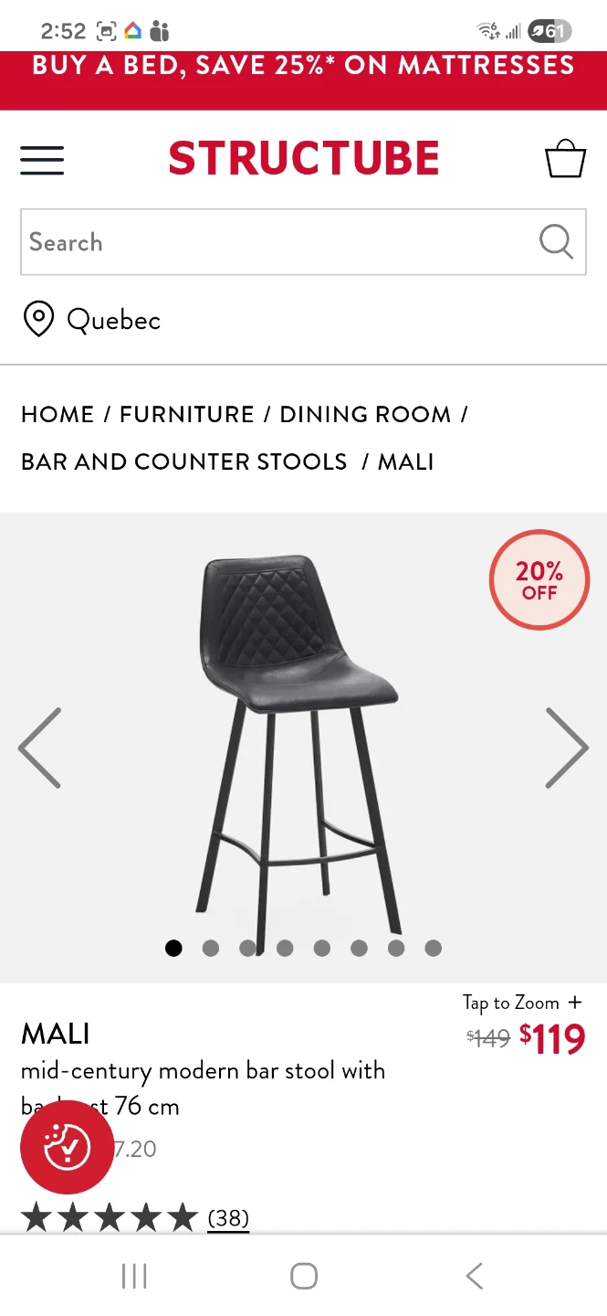 Structube Mali Mid-Century Modern Bar Stool - Black x1