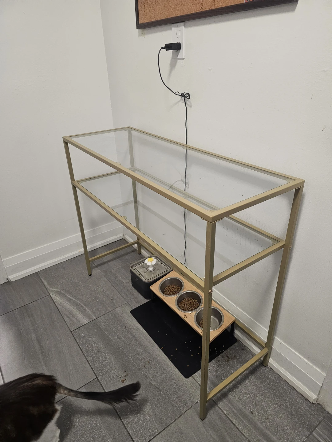 Gold Metal Console Table with Glass Top and Shelves