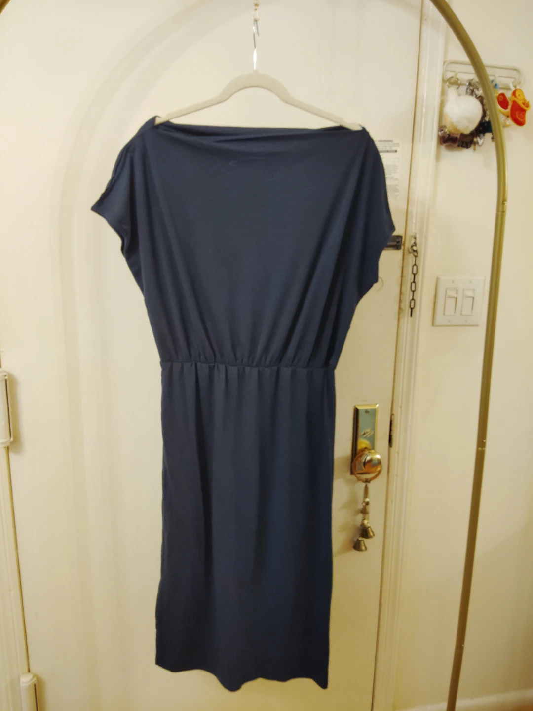 Navy Blue Cap Sleeve Elastic Waist Midi Dress