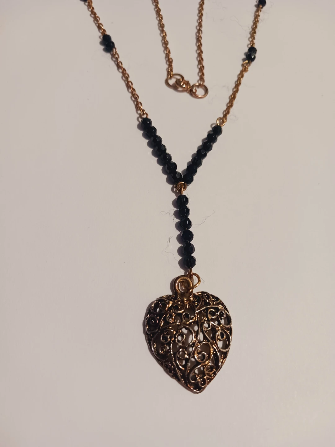 Gold Tone Y-Necklace with Filigree Heart Pendant & Black Stones - photo 3
