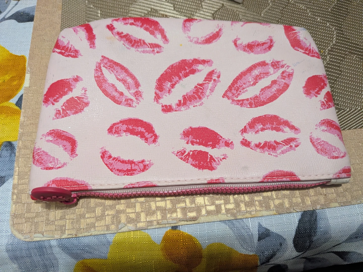 Pink Makeup Bag with Red Lip Prints
